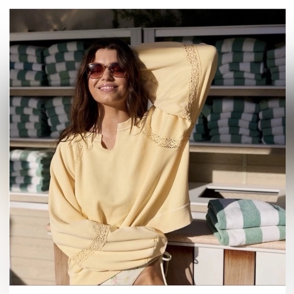 Aerie Size Large Pale Yellow Hey Crochet Sweatshirt Oversized Boxy Boho Pullover - Picture 14 of 15